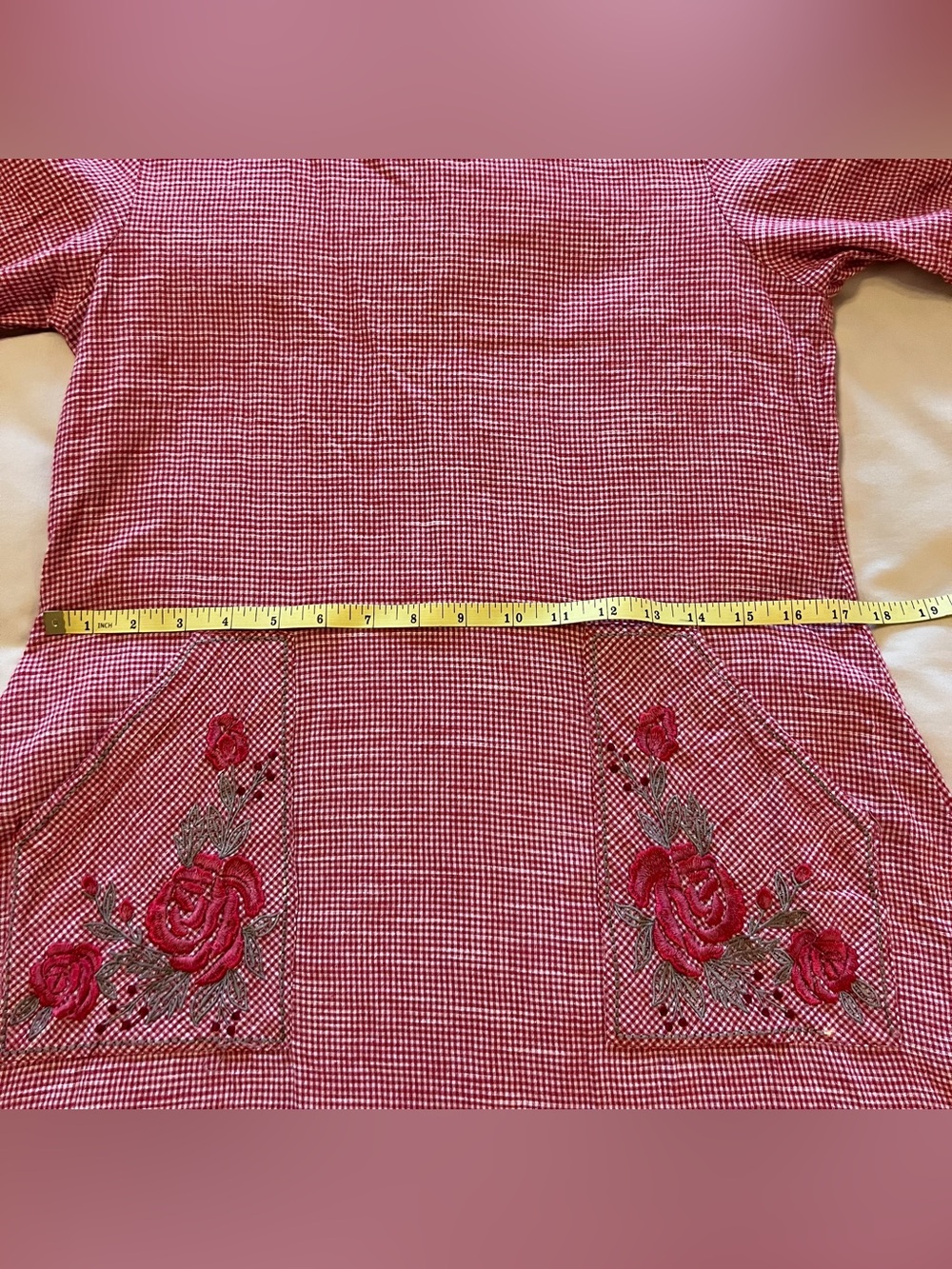 Bombay Paisley Women's Red Midi Gingham Dress with Rose Embroidery Pockets XS - Picture 12 of 16